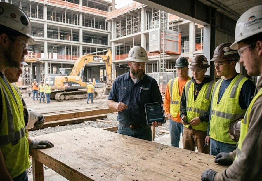 A foreman briefing his crew around a tablet at a jobsite, cranes and an active build behind them