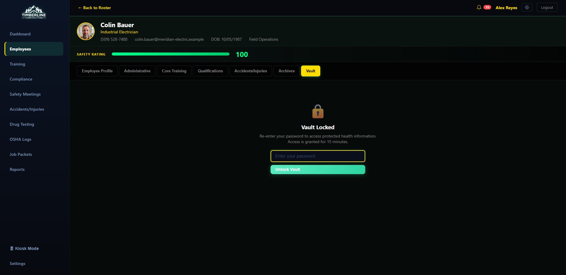 CrewSafety Vault Locked screen: re-enter your password to access protected health information, access granted for 15 minutes